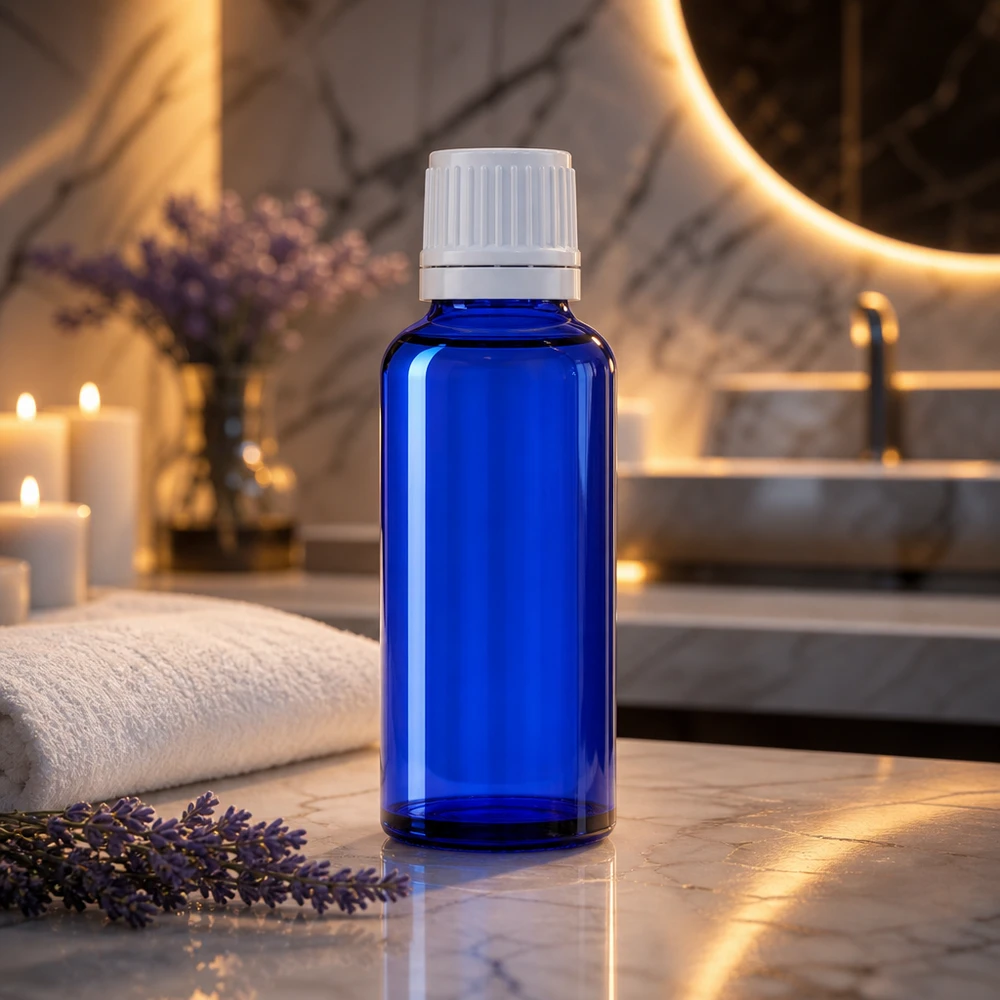 Frasco conta-gotas ApoGlas azul de 30 ml com tampa branca sobre mármore, ao lado de ramos de lavanda e velas