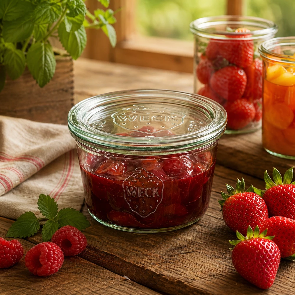 Frasco de vidro baixo de 290 ml com tampa de vidro WECK RR100 Frasco de conserva WECK de 290 ml cheio de compota de morango numa mesa de madeira com bagas frescas e ambiente de cozinha