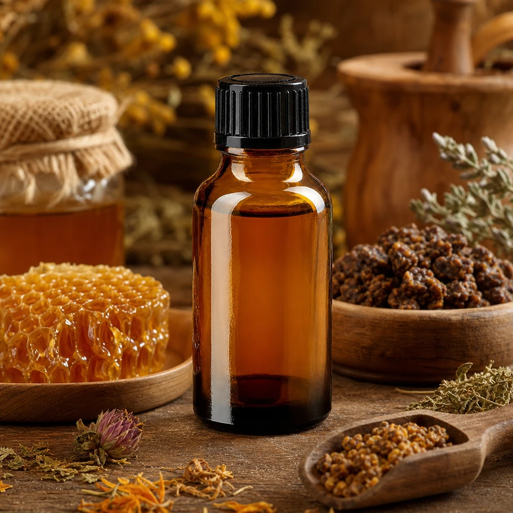 Frasco de farmácia castanho 20ml tampa de rosca preta standard Frasco de vidro castanho de 20 ml com tampa conta-gotas preta, ao lado de favos de mel e ervas medicinais naturais