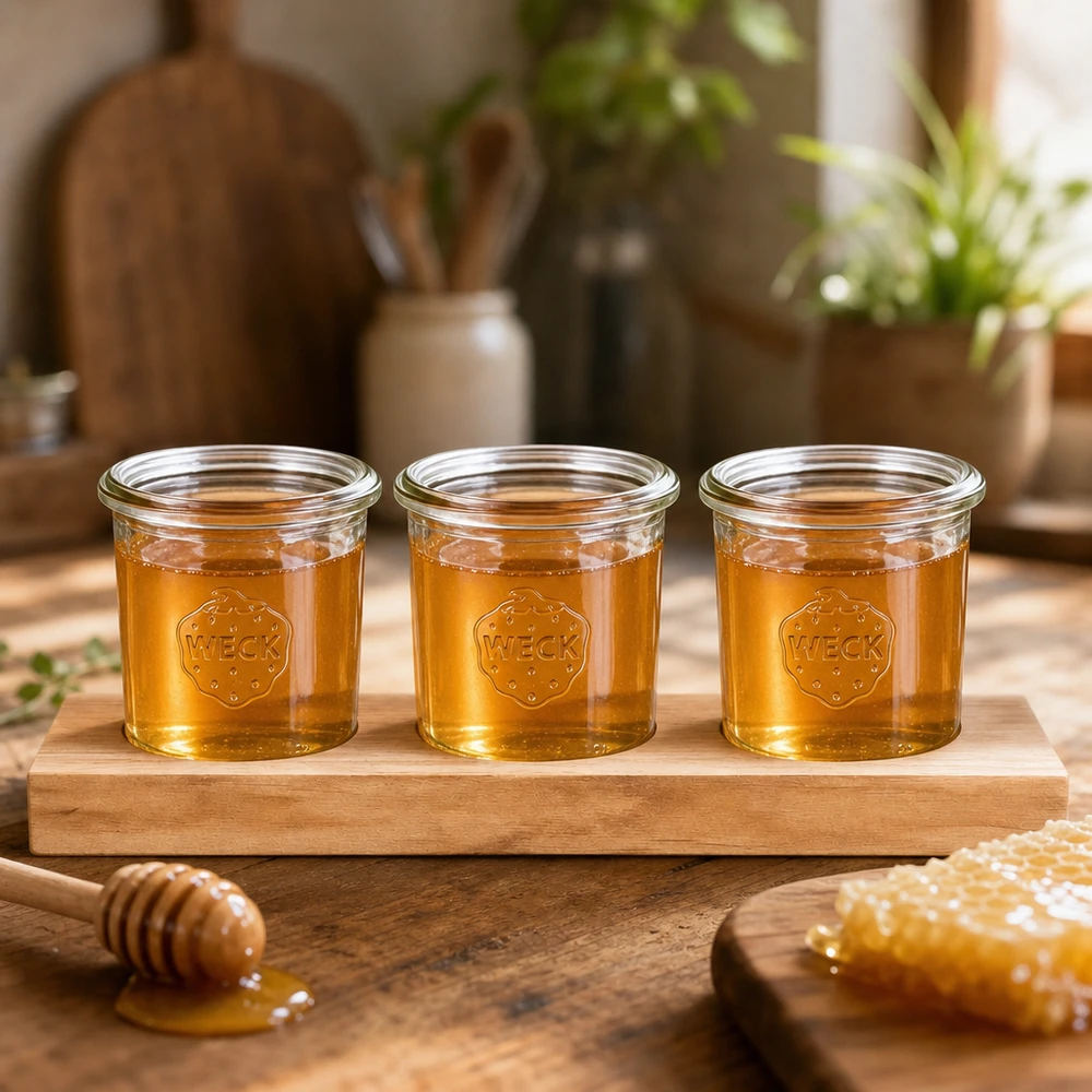 Tábua de servir Plano3 com 3 copos Weck de 140 ml O mel é apresentado naturalmente em copos WECK de 140 ml numa tábua de servir de madeira com colher de mel e favo de mel