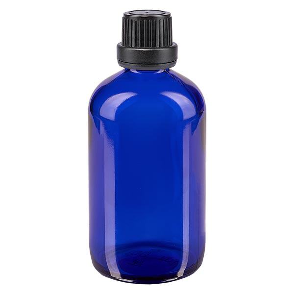 Frasco de farmácia azul 100ml tampa de rosca preta fecho inviolável Frasco de farmácia azul 100ml tampa de rosca preta fecho inviolável