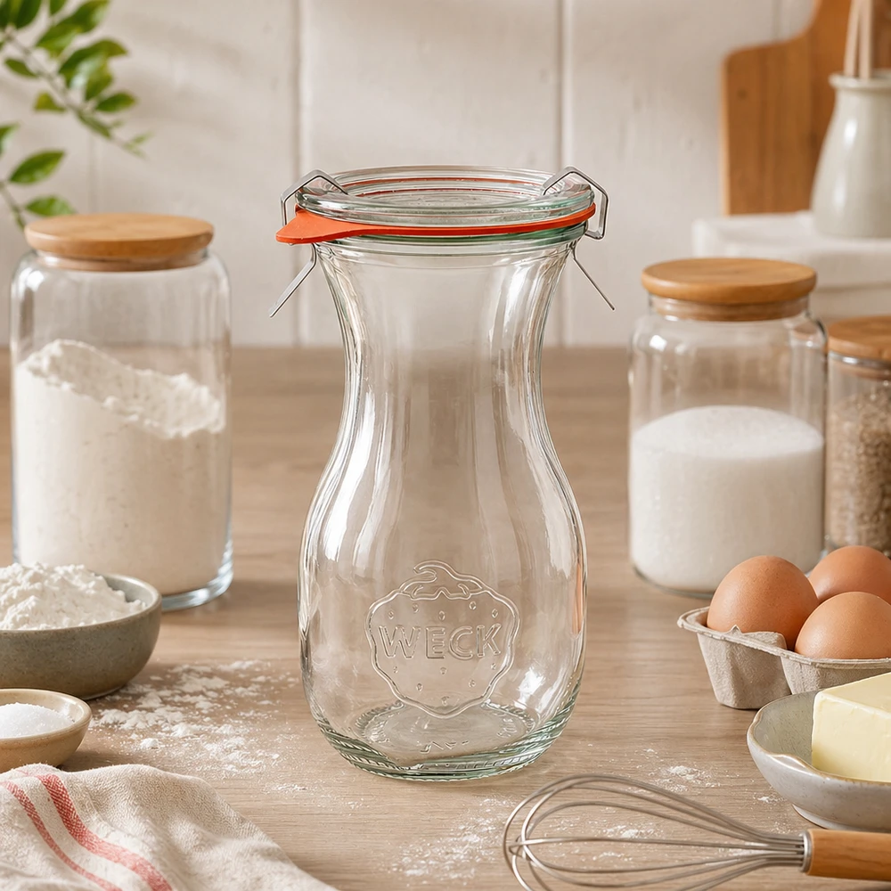 Garrafa de sumo WECK 290ml RR60 vazia na cozinha moderna entre os ingredientes de pastelaria e os frascos de arrumação na bancada