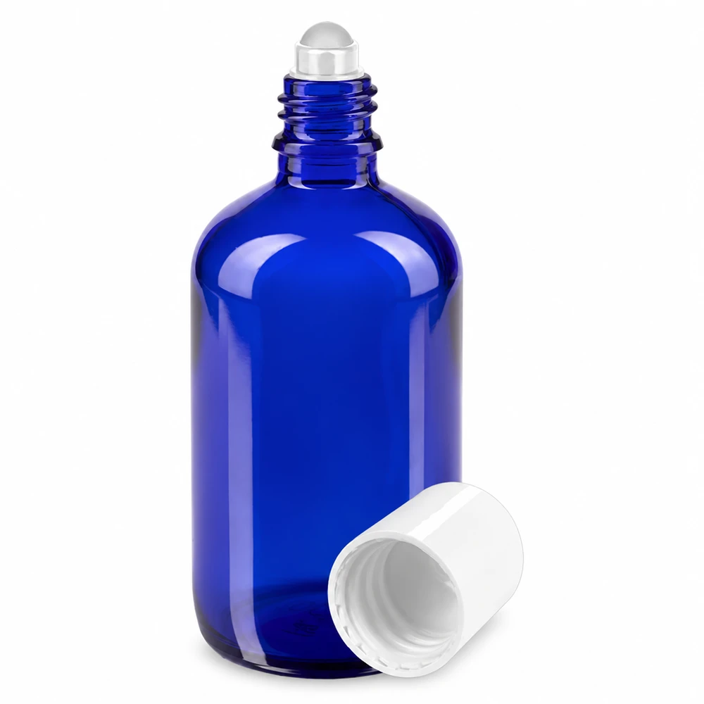 Frasco azul de 100 ml com aplicador de bola, em vidro de farmácia, com tampa branca e bola aplicadora