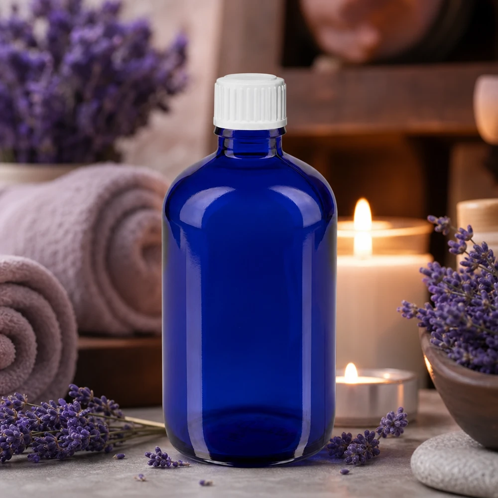 Frasco conta-gotas com proteção contra a luz, de 100 ml, em azul cobalto, com tampa dosadora de precisão de 0,9 mm para cosméticos naturais