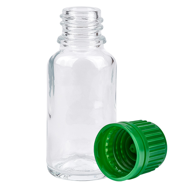 Frasco de 20 ml com tampa de rosca de 11 mm verde tampa inviolável ClearLine UT18/20 Frasco de 20 ml com tampa de rosca de 11 mm verde tampa inviolável ClearLine UT18/20