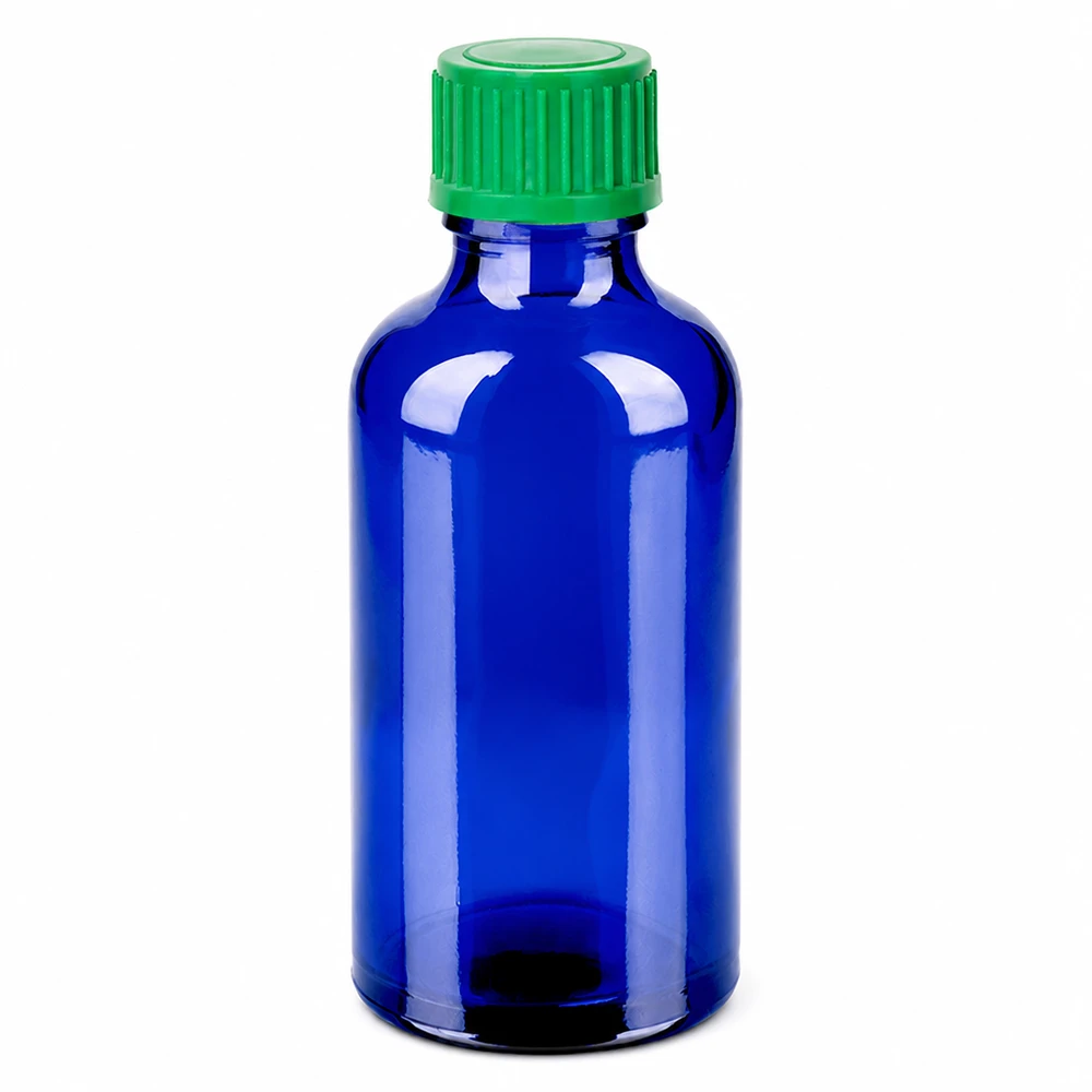 Frasco conta-gotas de 50ml 0.8mm verde tampa standard BlueLine UT18/50 Frasco conta-gotas de 50 ml azul com tampa verde para uma dosagem precisa