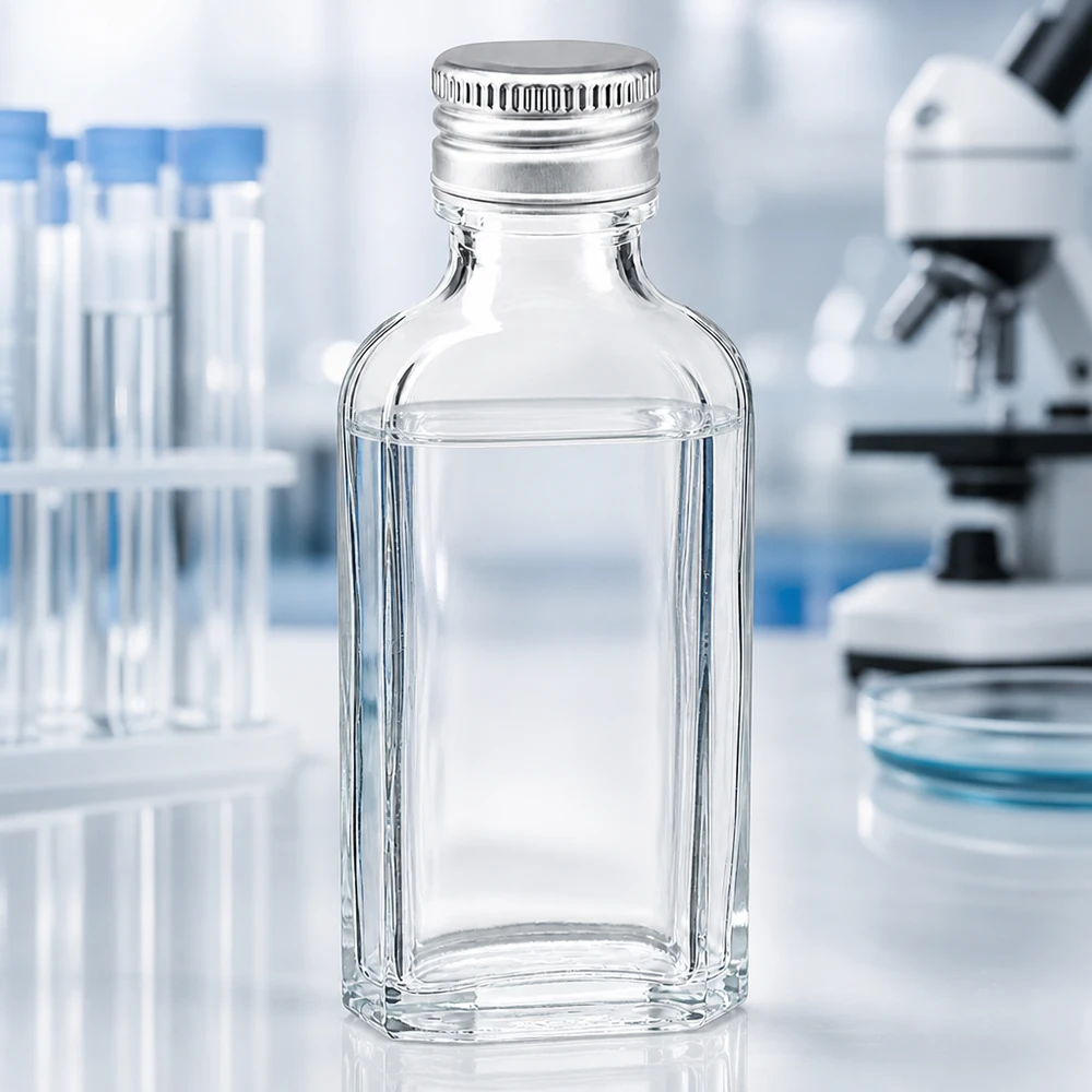 Pequeno frasco de laboratório de 50 ml em vidro transparente com tampa de alumínio PP22, utilizado no âmbito científico