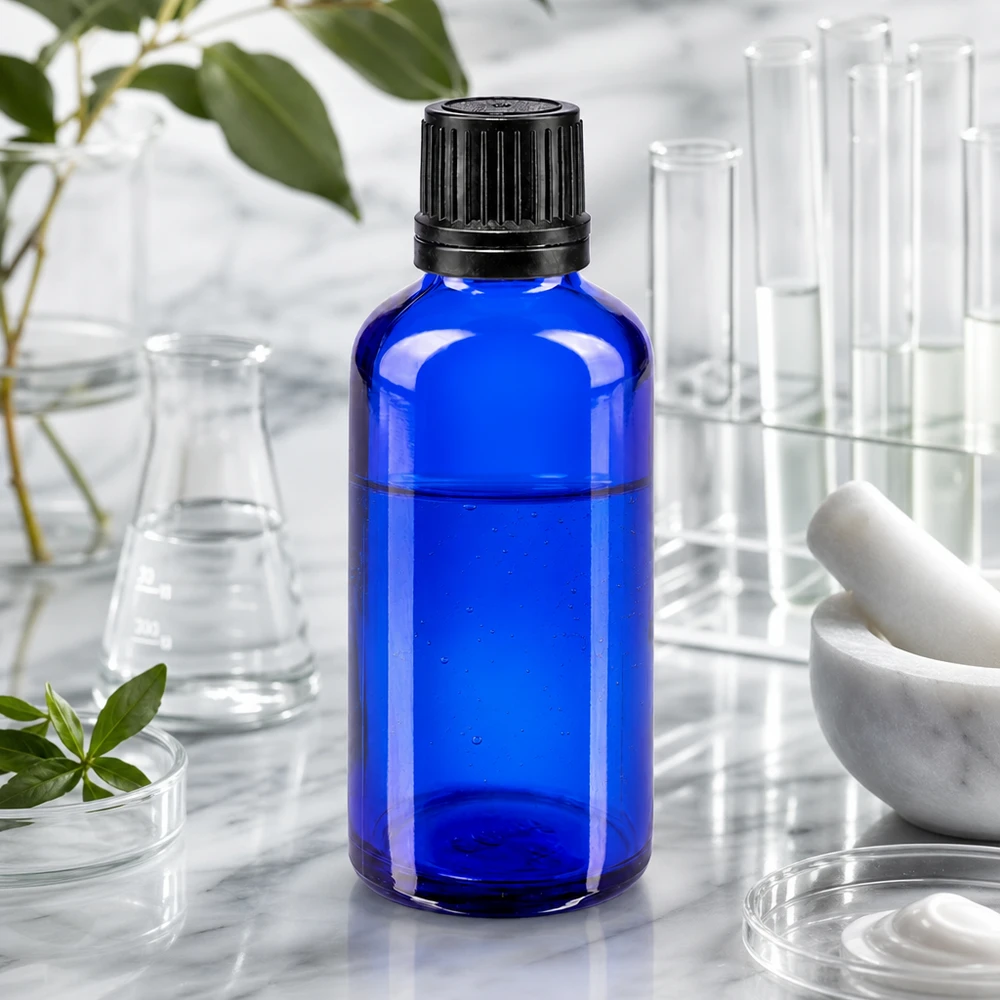 Frasco conta-gotas azul de 50 ml com bico conta-gotas de precisão de 1 mm, num ambiente de laboratório com tubos de ensaio