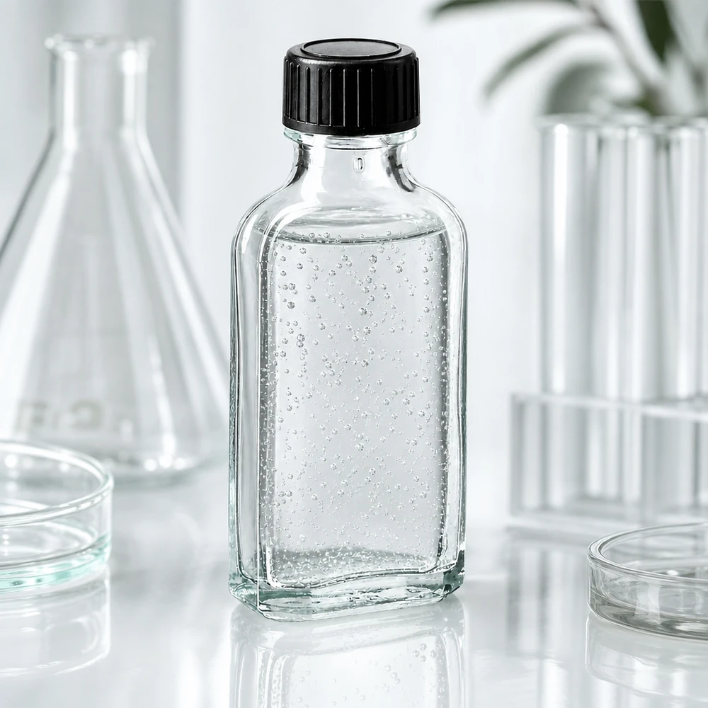 Frasco de vidro transparente Meplat de 50 ml com bolhas de ar, para uso em laboratório, e tampa de rosca preta