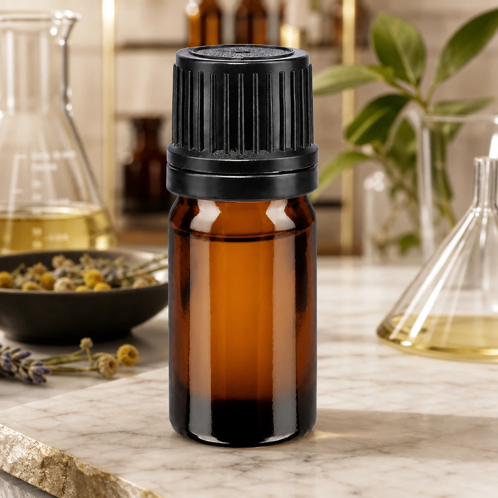 Frasco de proteção contra a luz de 5 ml em vidro castanho com tampa OV preta à prova de crianças de 8 mm