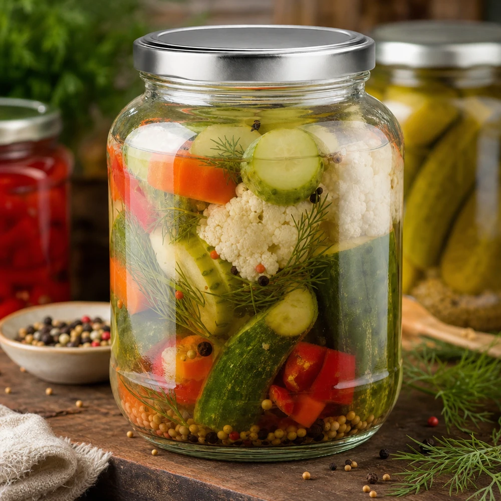 Frasco oval de 370 ml com tampa BasicSeal para legumes em conserva e pickles com endro e especiarias