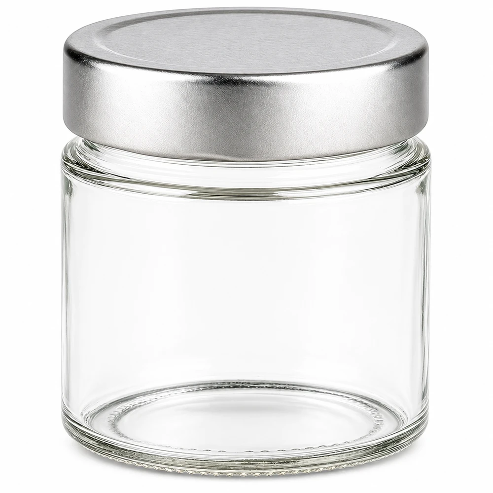 Frasco redondo de 135 ml com tampa BasicSeal prateada vazio sobre fundo branco Frasco de vidro frasco de armazenamento