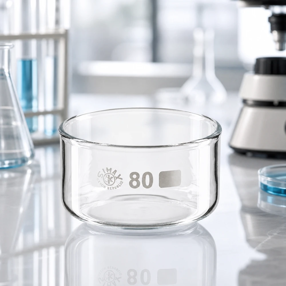 Taça de cristalização SIMAX de 150 ml, forma cilíndrica, sem bico, vidro borossilicato, vidro de laboratório, 80 mm