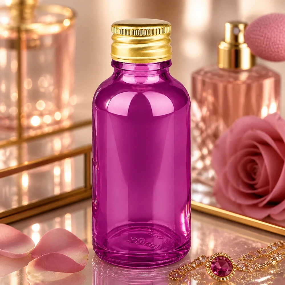 Luxuoso frasco de vidro violeta de 30 ml com superfície brilhante e elegante tampa de alumínio dourado STD