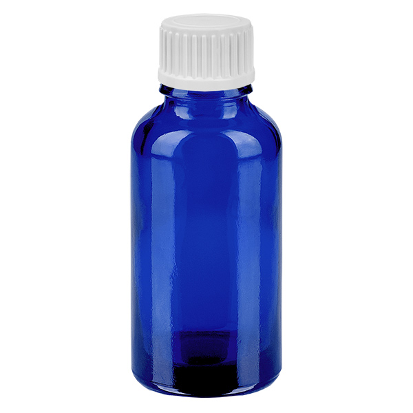 Frasco globule de 30ml com anel de enchimento de 3mm com fecho standard branco AzulL. UT18/30