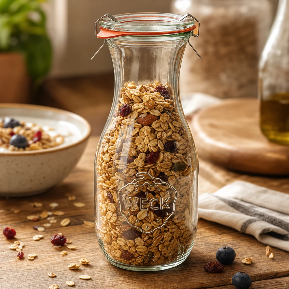 A garrafa de sumo WECK RR60 de 530 ml cheia de muesli mostra a versatilidade de armazenamento de cereais e frutos secos