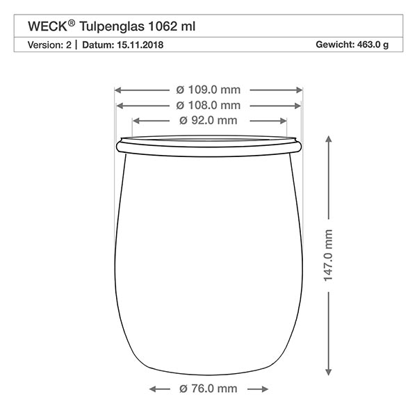 Frasco de tulipa WECK RR100 de 1062ml com tampa de madeira Desenho técnico do frasco de tulipa WECK 1062ml RR100 com dimensões diâmetro altura para planeamento de cozinha