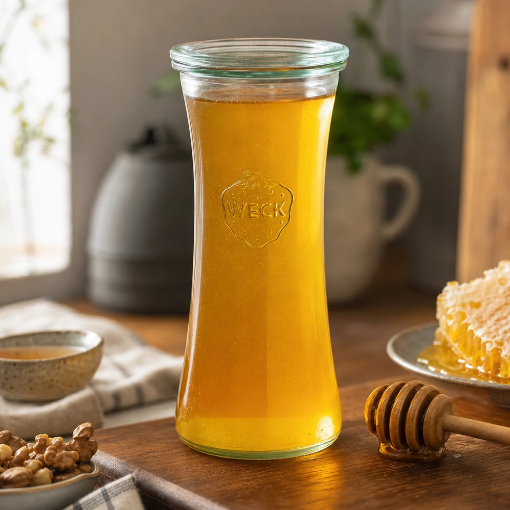 Frasco de 700 ml RR80 da WECK delicatessen cheio de mel ao lado de um favo de mel e de uma colher de mel numa cozinha acolhedora