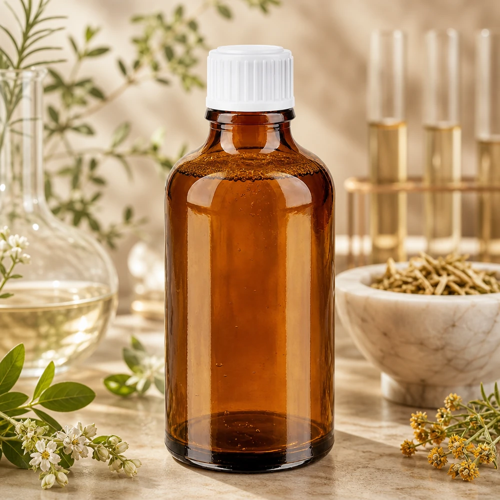 Frasco de farmácia de 50 ml, de cor âmbar, com tampa de rosca branca, entre ervas medicinais e equipamento de laboratório
