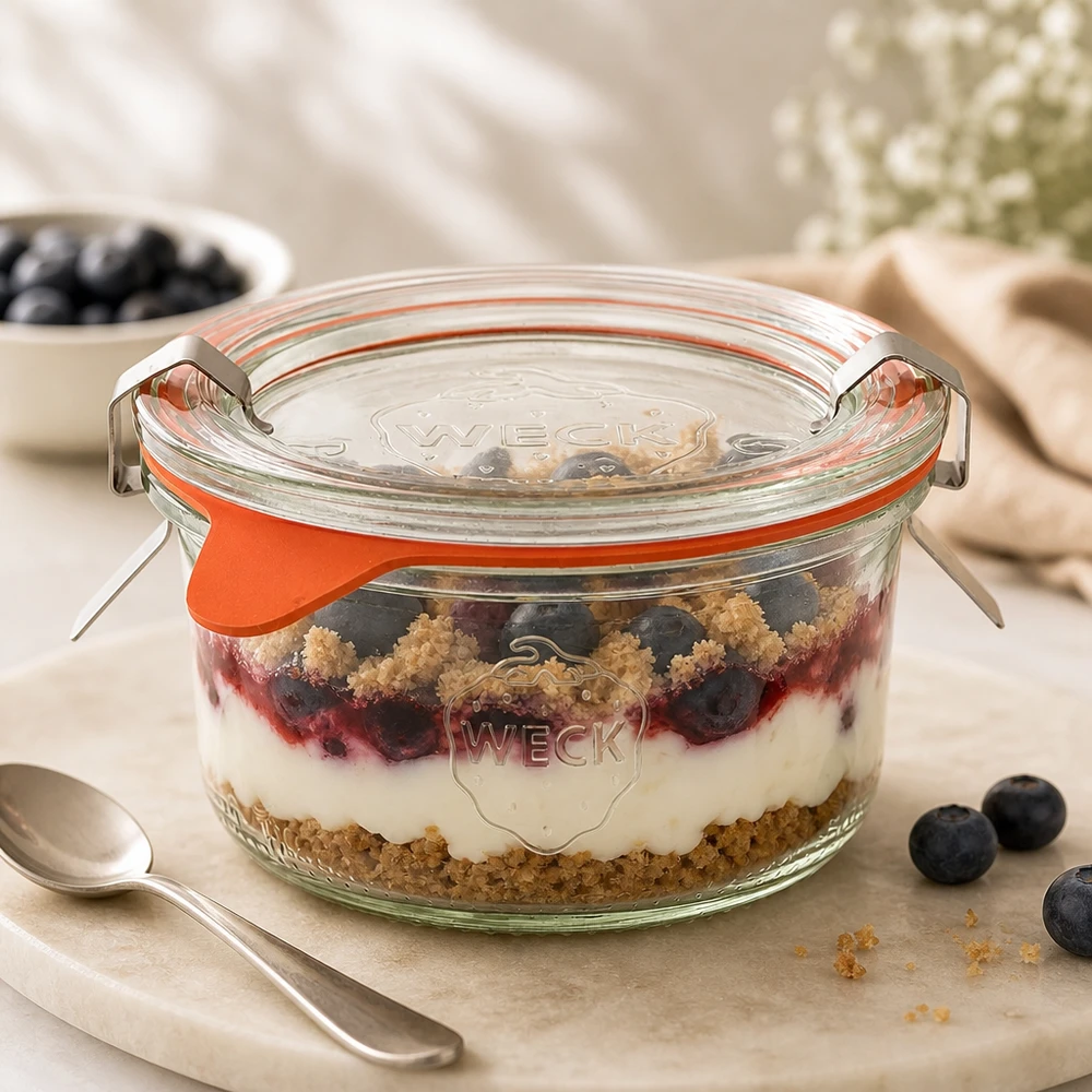 Copos de vidro de 165ml completos WECK RR80 Copos WECK RR80 de 165 ml com uma sobremesa em camadas de mirtilos, iogurte e crumble numa tábua de mármore