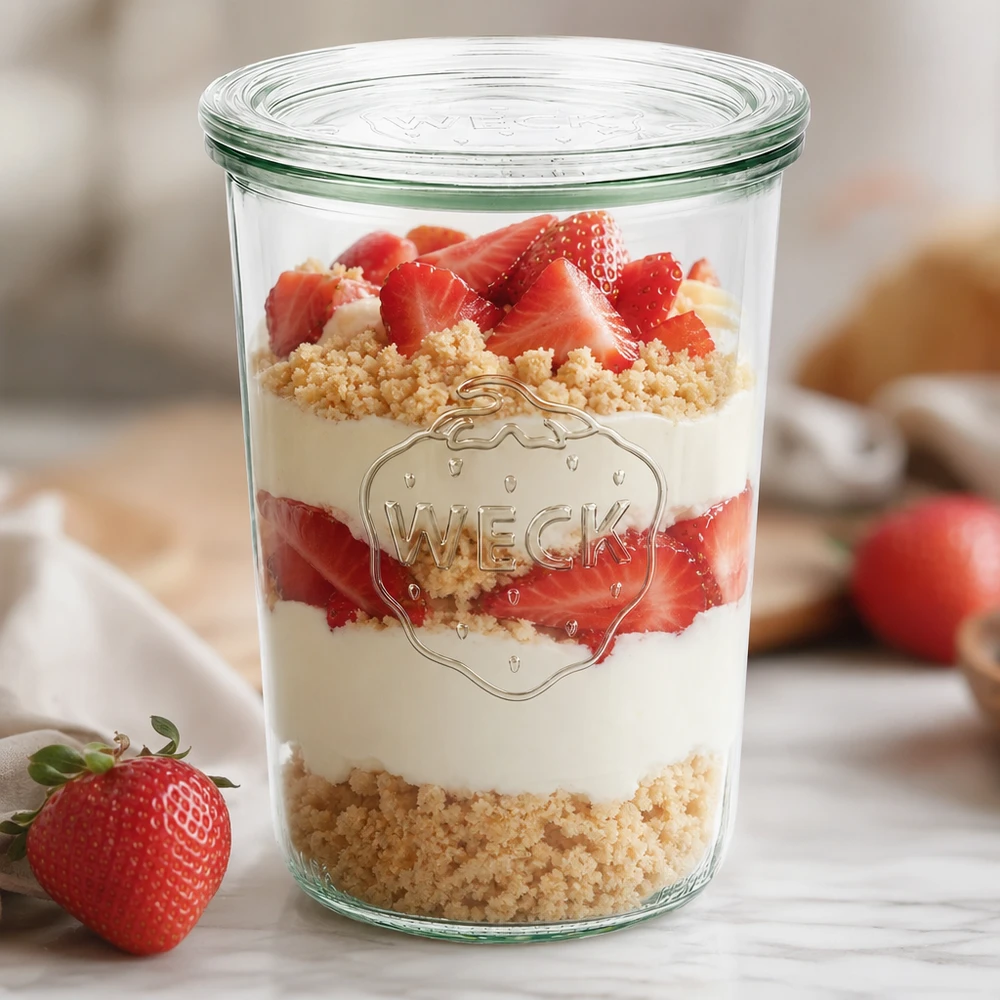 Frasco de vidro de 850 ml com tampa de vidro WECK RR100 WECK Sturzglas 850ml RR100 als stylisches Dessertglas mit Erdbeeren und Creme zeigt moderne Tischpräsentation