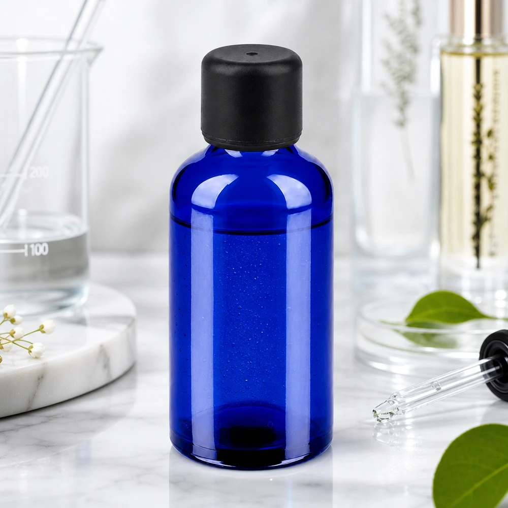 Frasco BlueLine de 50 ml de alta qualidade com proteção UV para substâncias e extractos sensíveis à luz