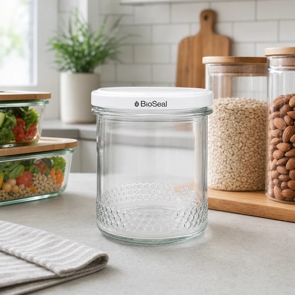 Frasco de mel vazio de 400 ml com tampa BioSeal branca numa cozinha moderna ao lado de frascos de arrumação para uma arrumação versátil