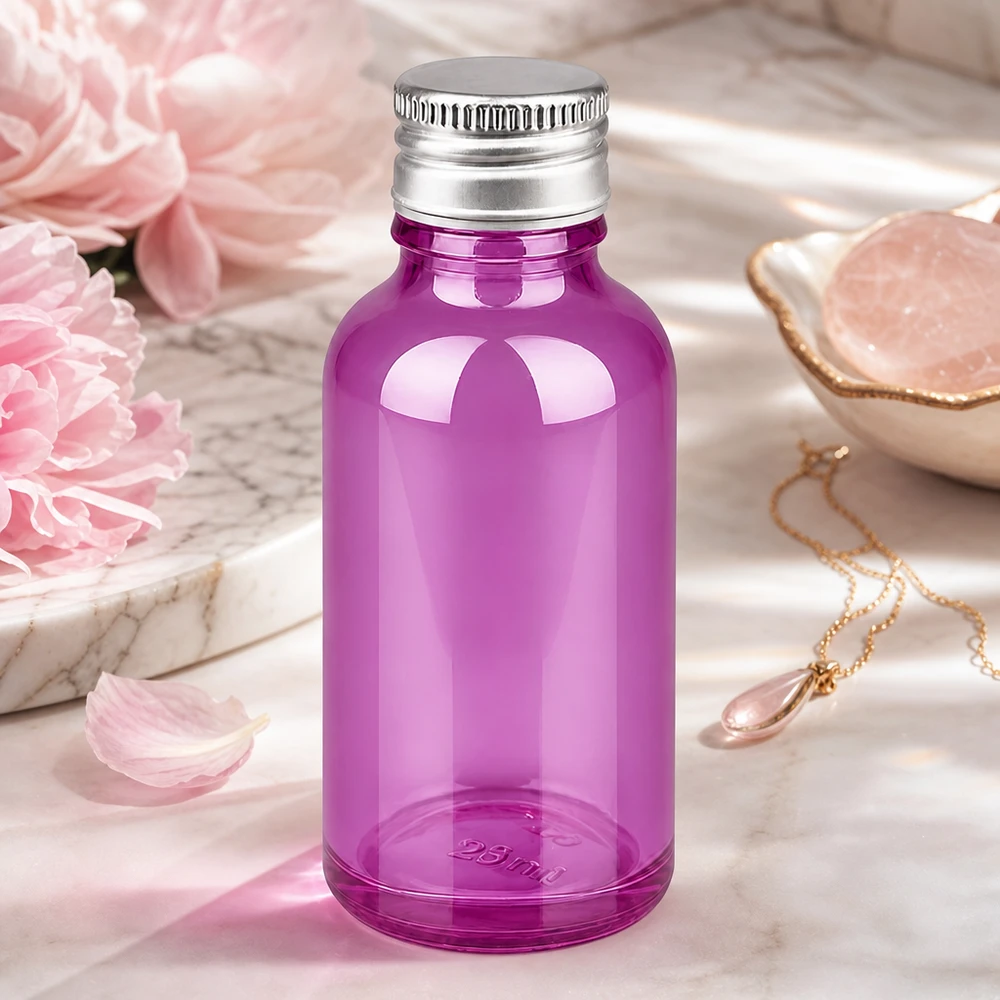 Frasco de 30ml com tampa de rosca de 11mm em alumínio-prata padrão PurpleLine.UT18/30 Frasco de vidro violeta transparente de 30 ml com tampa de alumínio brilhante para aromaterapia