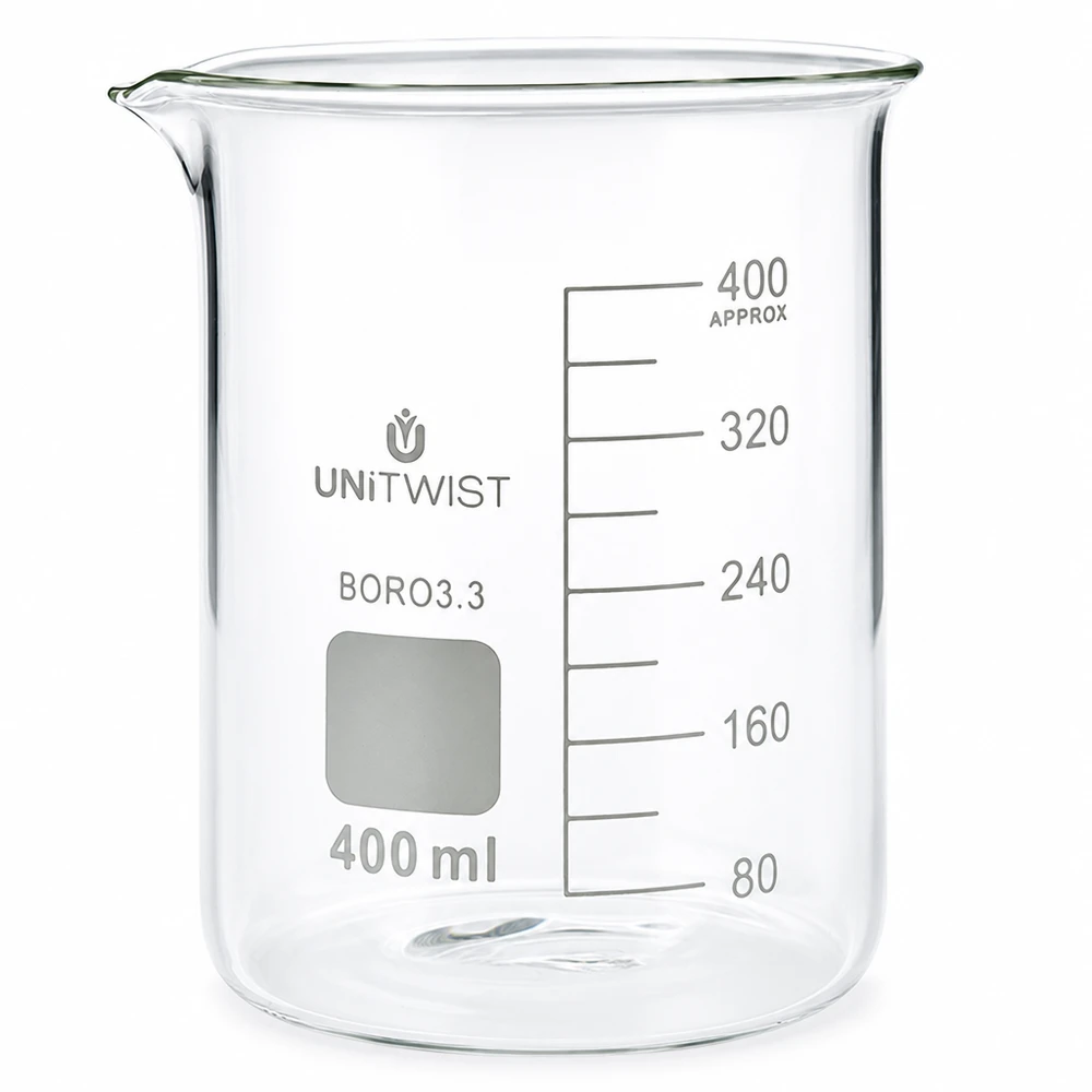 Copo 400 ml de borossilicato, baixo teor de bolor UNiTWIST Copo de laboratório de 400 ml em borossilicato, de formato baixo, da UNiTWIST, com escala em mililitros