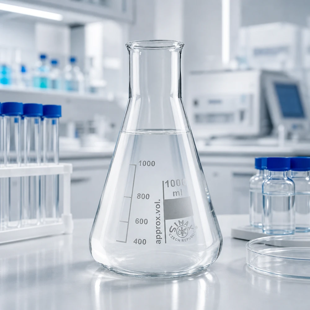 Frasco Erlenmeyer transparente de 100 ml com gargalo largo em equipamento de laboratório profissional com tubos de ensaio