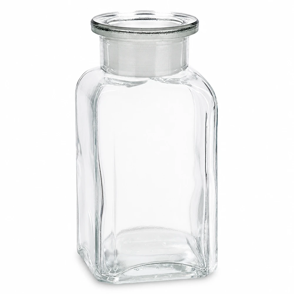 Frasco quadrado 100ml transparente com gargalo largo e rolha de vidro Frasco quadrado de 100 ml, transparente, com rolha de vidro e gargalo largo, para laboratório e farmácia