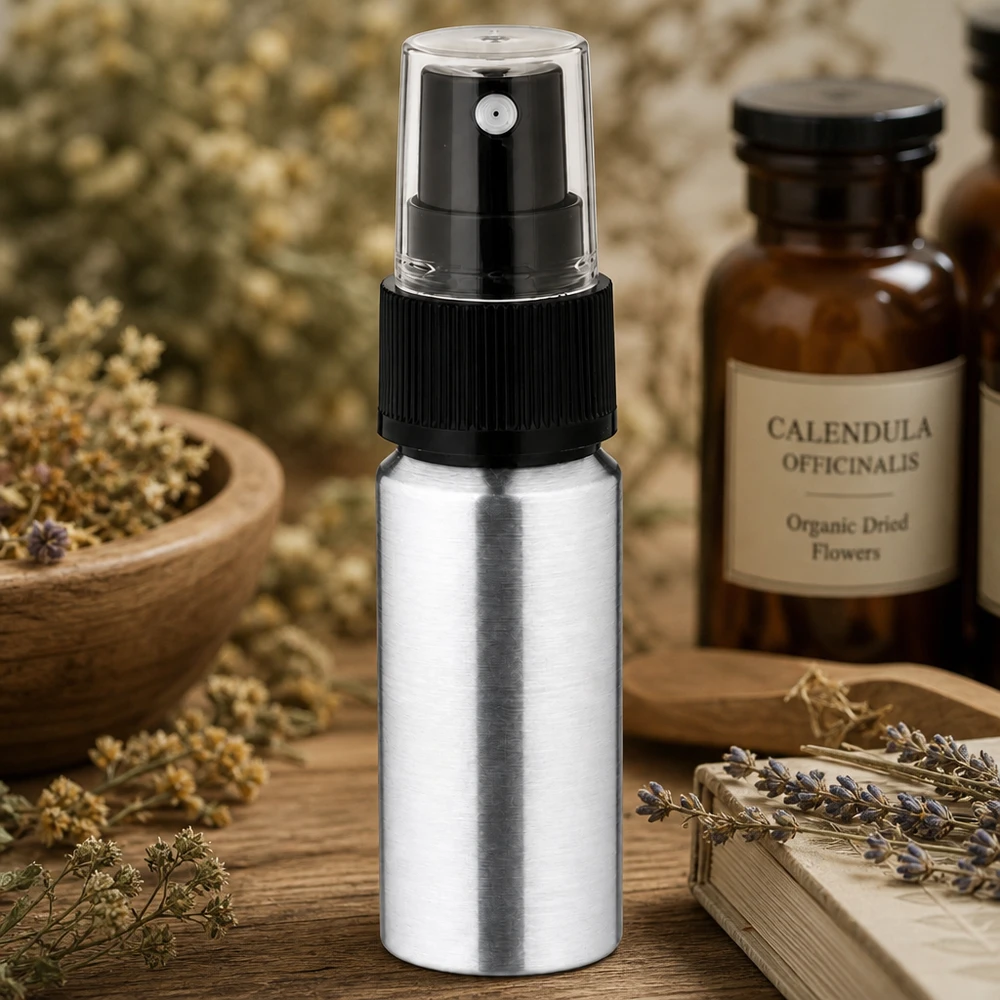Frasco de alumínio polido de 20ml com nebulizador Frasco de alumínio de 20 ml prateado com atomizador - frasco de spray metálico robusto para levar consigo