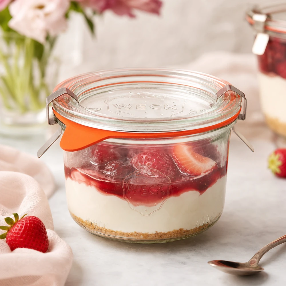Copos WECK 200ml RR80 cheios de morango para sobremesa como um frasco de dose para tiramisu e sobremesas doces