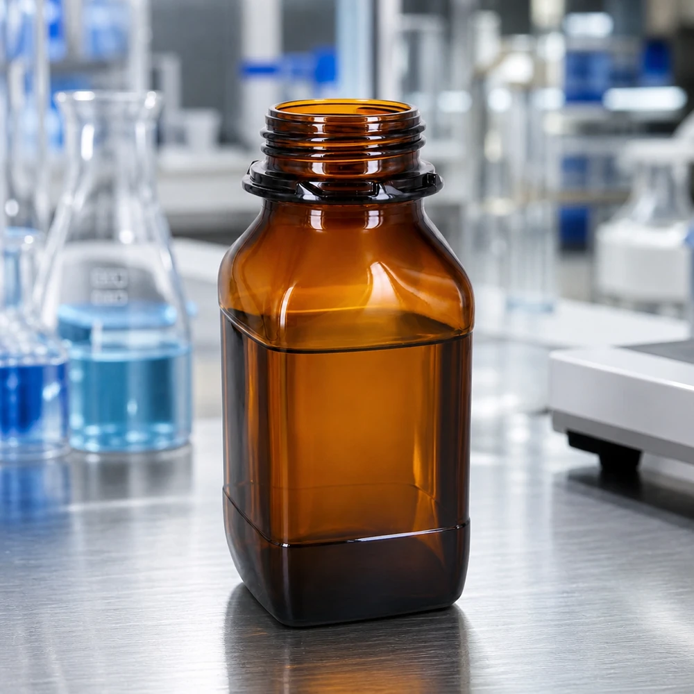 Frasco químico retangular de 500 ml em vidro borossilicato âmbar de alta qualidade para laboratórios