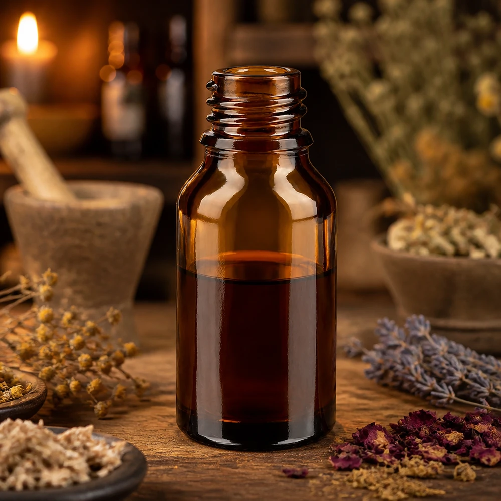 Frasco conta-gotas 15 ml DIN 18 de vidro âmbar Frasco de farmácia castanho ApoGlas de 15 ml cheio de líquido escuro rodeado de ervas medicinais secas e almofariz