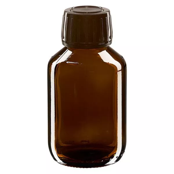 Frasco de 100 ml de medicamento castanho, tampa castanha com anel inviolável ApoGlas Frasco de 100 ml de medicamento castanho, tampa castanha com anel inviolável ApoGlas