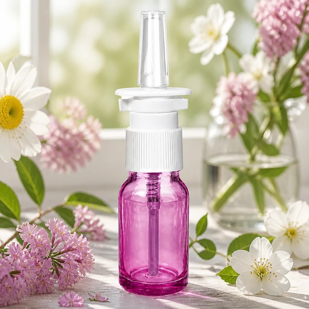 Frasco de spray nasal de 10 ml branco/transparente standard PurpleLine. UT18/10 Frasco de spray nasal de 10 ml com rosca STD UT18/10 em roxo transparente para uma dosagem precisa