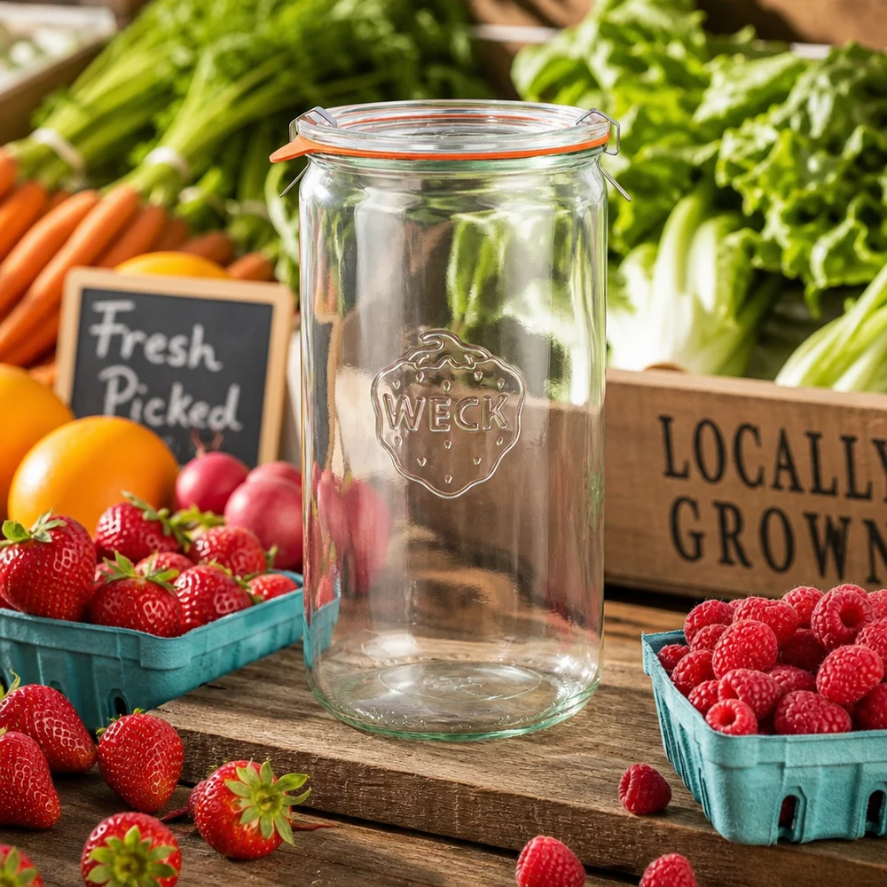Frasco cilíndrico WECK 1590ml RR100 vazio em cima de uma mesa de madeira com bagas frescas legumes atmosfera de banca de mercado produtos locais