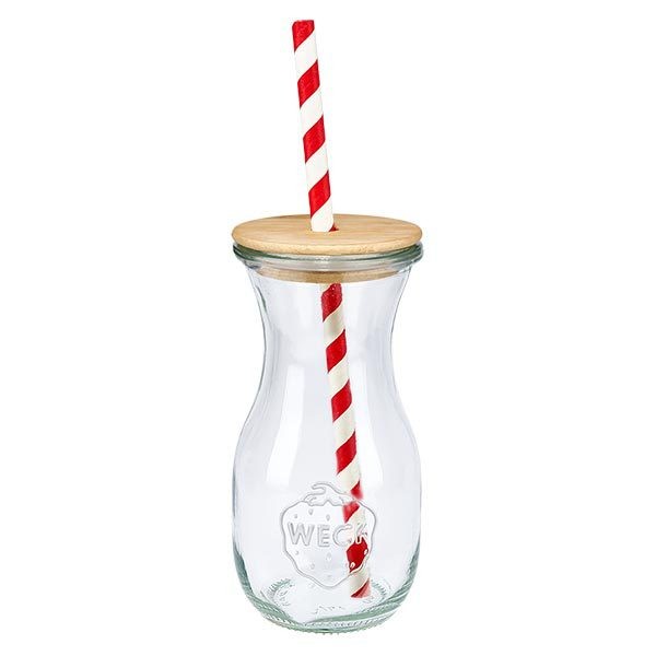 6 x garrafa de sumo WECK 290ml RR60 com tampa de madeira e 100 eco S Garrafa WECK 290 ml transparente com tampa de madeira e palhinha de papel às riscas vermelhas e brancas vista individual