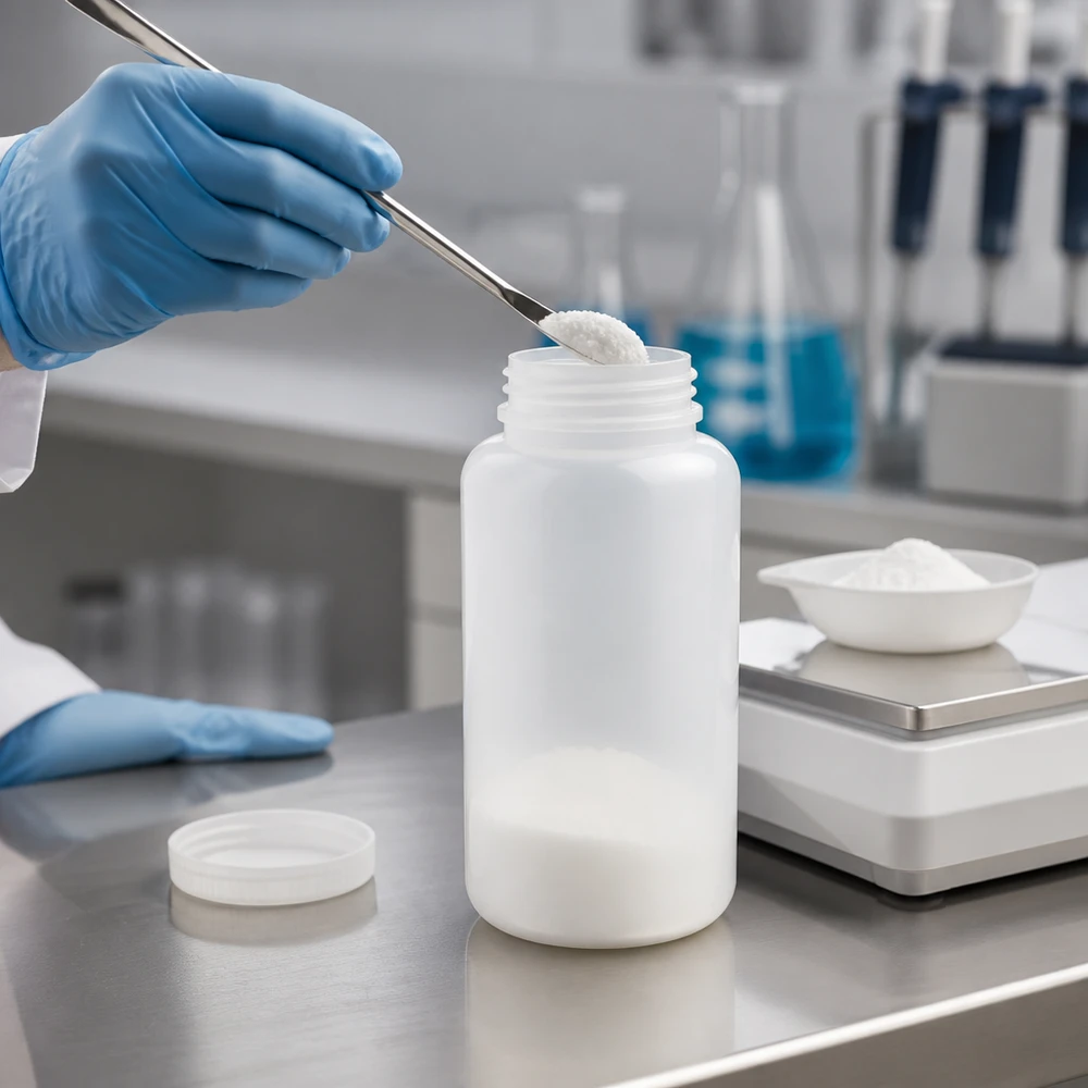 Frasco de laboratório de 1000 ml com gargalo largo e sem tampa Frasco de laboratório de 1000 ml, de gargalo largo, sem tampa, a ser enchido com pó branco por um técnico de laboratório