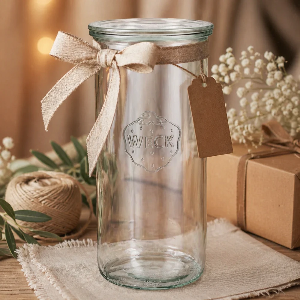 Copos WECK 1500ml RR100 para oferta, decorados com um laço bege e uma etiqueta em madeira com caixa de oferta