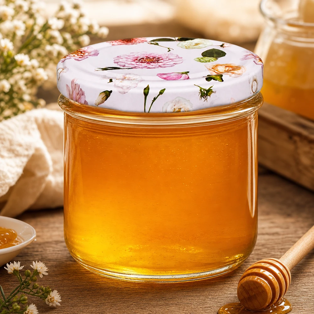 Copos de vidro de 225 ml + tampa BasicSeal flor rosa UNiTWIST Honig im 225ml Sturzglas mit Blumendeckel und Honiglöffel - Einmachglas für süße Leckereien dekorativ präsentiert