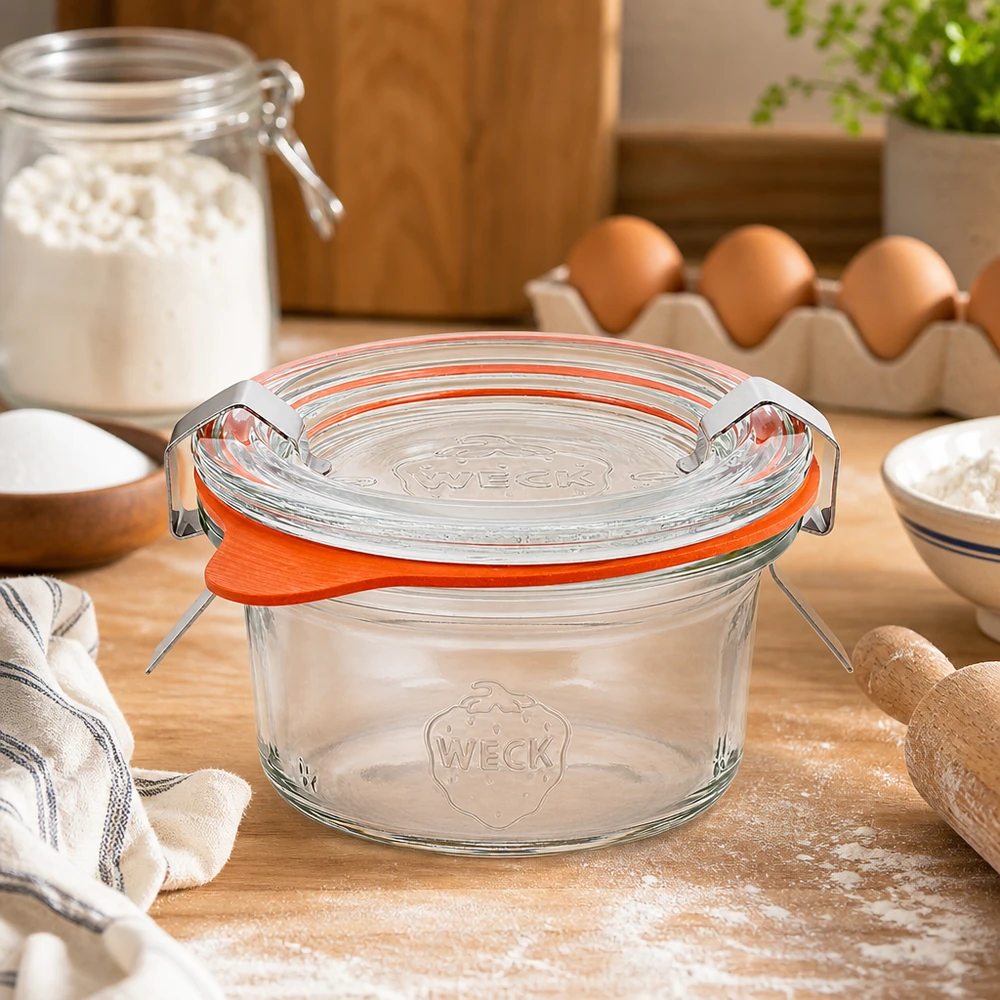 Copos de 50 ml WECK RR60 sobre uma bancada de madeira num ambiente de pastelaria com farinha, ovos e ingredientes de pastelaria como cenário de cozinha