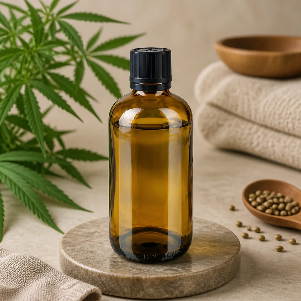 Frasco de vidro castanho de 100 ml com tampa conta-gotas preta sobre uma base de mármore, ao lado de uma planta de cânhamo e de sementes de cânhamo