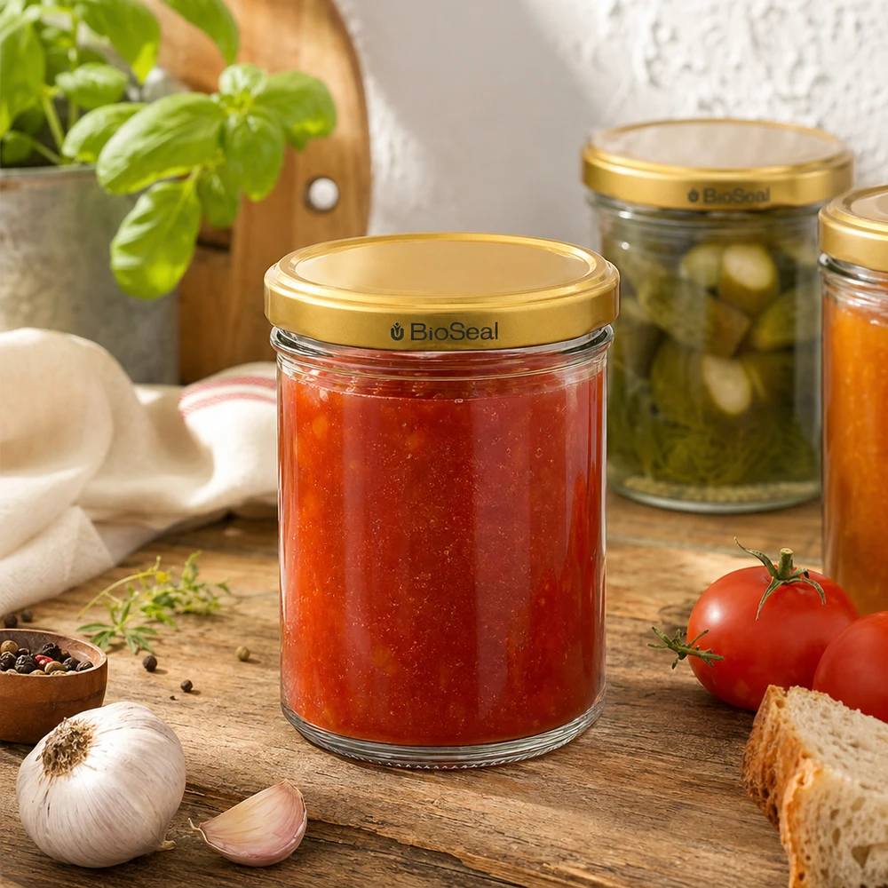 200g Honigglas mit goldenem Deckel BioSeal UNiTWIST Frasco de mel de 200 g com tampa dourada BioSeal cheio de compota numa cena de cozinha com tomates e especiarias