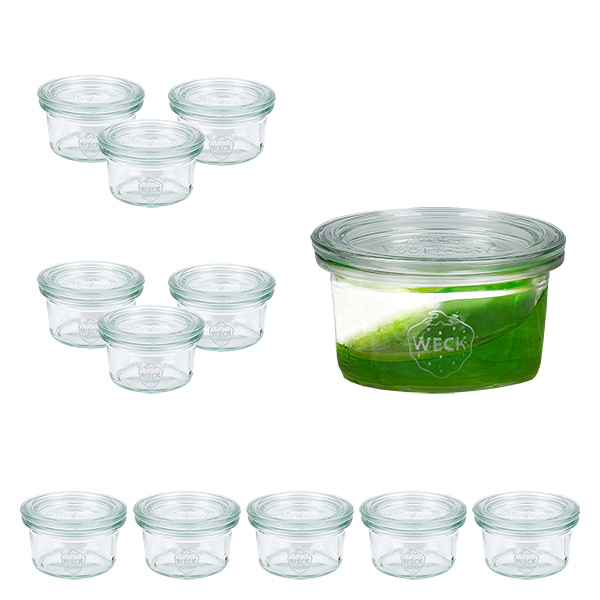 Conjunto de 12 copos de vidro Weck 50ml com 12 tampas de vidro Conjunto de 12 copos de vidro Weck 50ml com 12 tampas de vidro