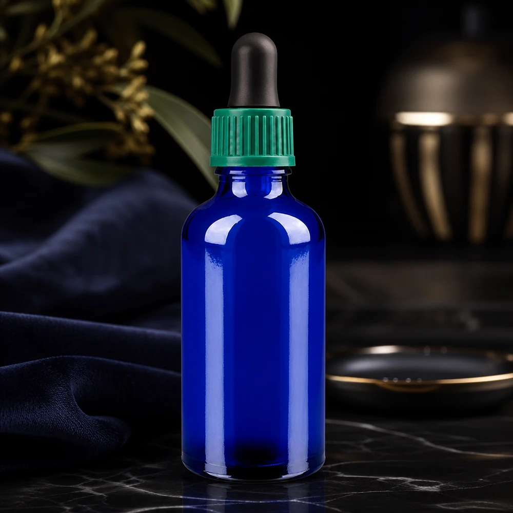Frasco conta-gotas de 50 ml de alta qualidade em azul elegante com uma prática tampa conta-gotas