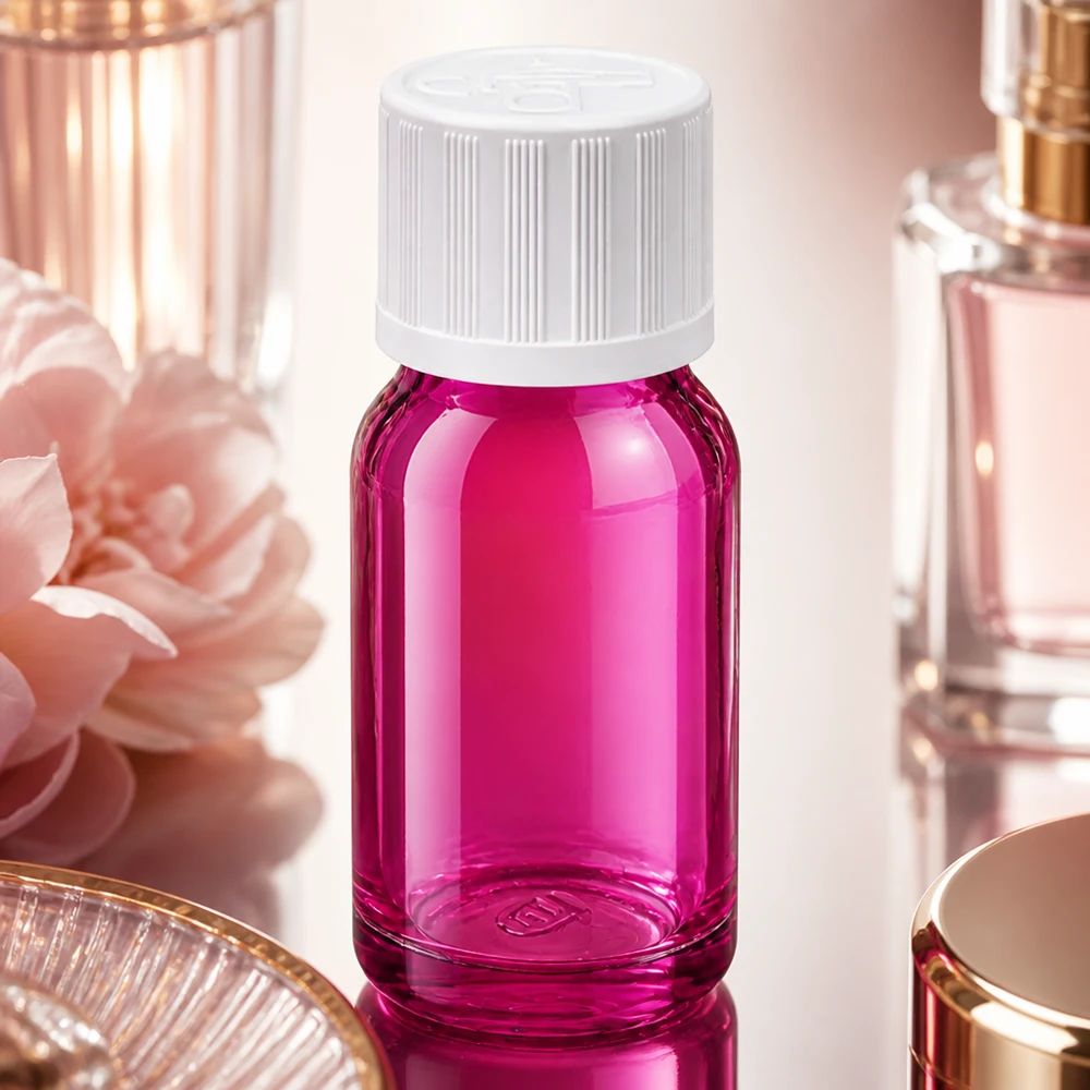Frasco de 10 ml com tampa de rosca de 11 mm branca padrão resistente a crianças PurpleLine UT18/10 Frasco de 10 ml com proteção UV graças à coloração violeta do vidro e à prática tampa de rosca de 11 mm