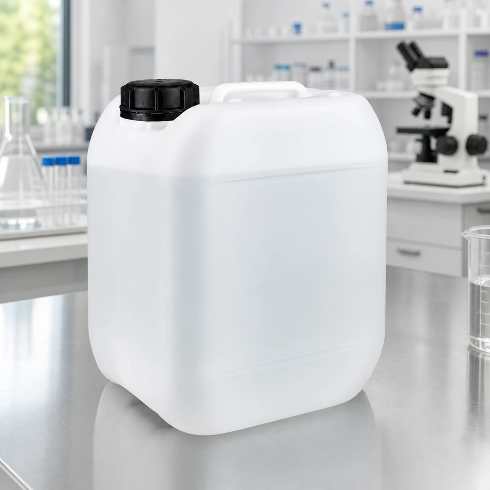 Recipiente de laboratório de HDPE de 5 L com tampa de rosca preta sobre uma mesa de aço inoxidável no laboratório