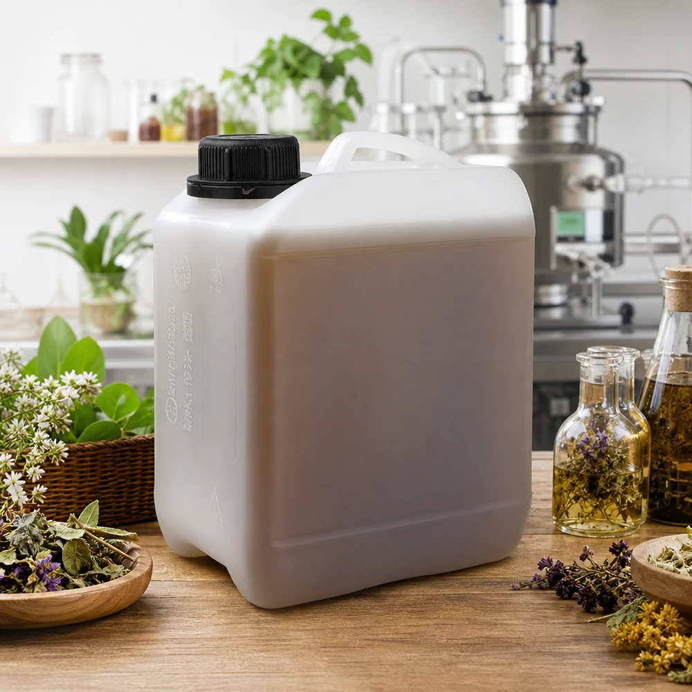 Recipiente para aromaterapia de 2,5 litros, branco, com tampa de rosca, rodeado por ervas e óleos essenciais